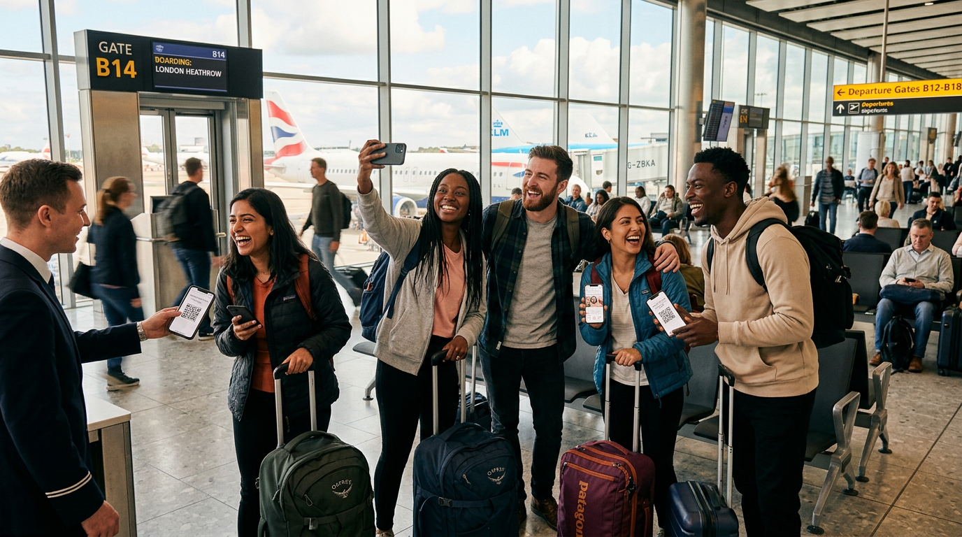 Happy travelers using phones at airport