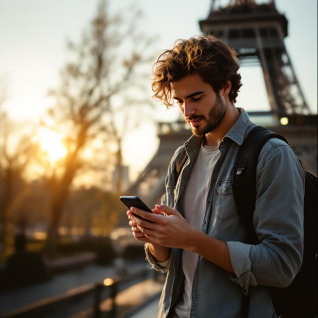 American traveler checking eSIM on phone amid golden hour light at Paris Eiffel Tower, candid moment with cityscape background, warm tones, cinematic shallow depth of field