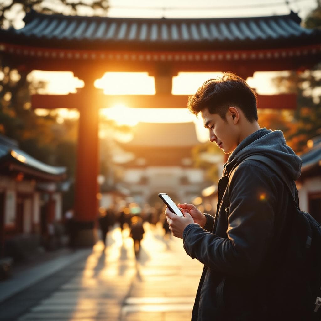 Solo traveler checking eSIM on phone amid golden hour light at Senso-ji Temple in Tokyo, warm tones, cinematic shallow depth of field, vibrant red pagoda background