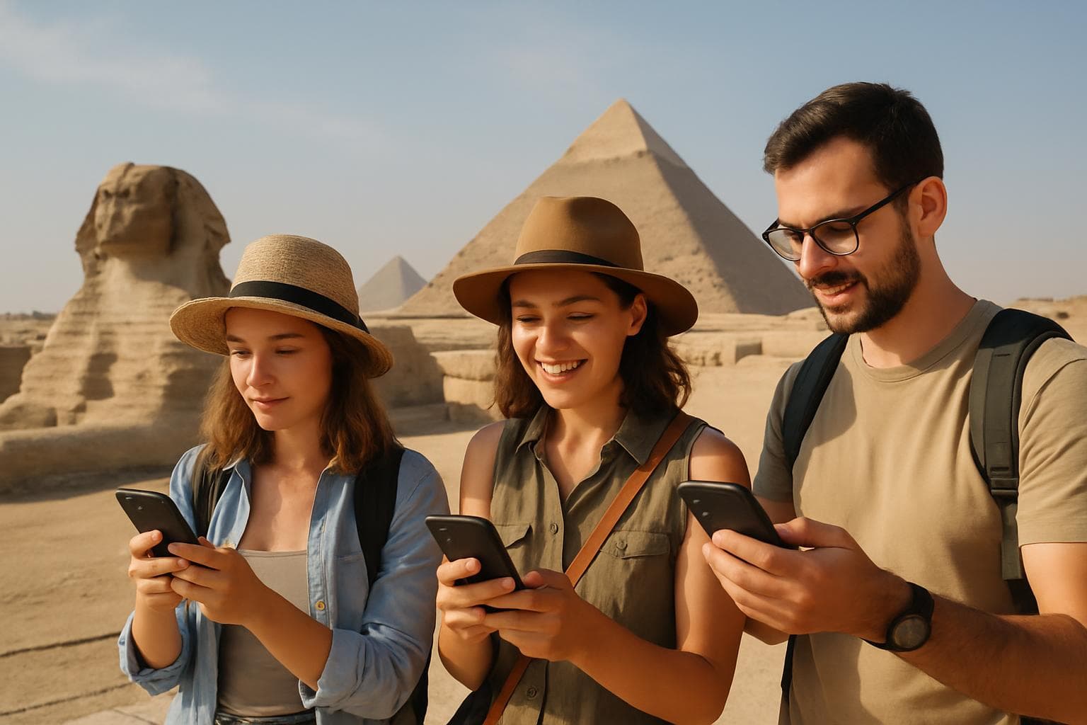 Travelers exploring Egypt with mobile connectivity