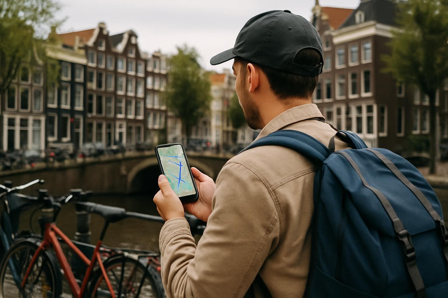 Traveler using a smartphone for navigation in Amsterdam