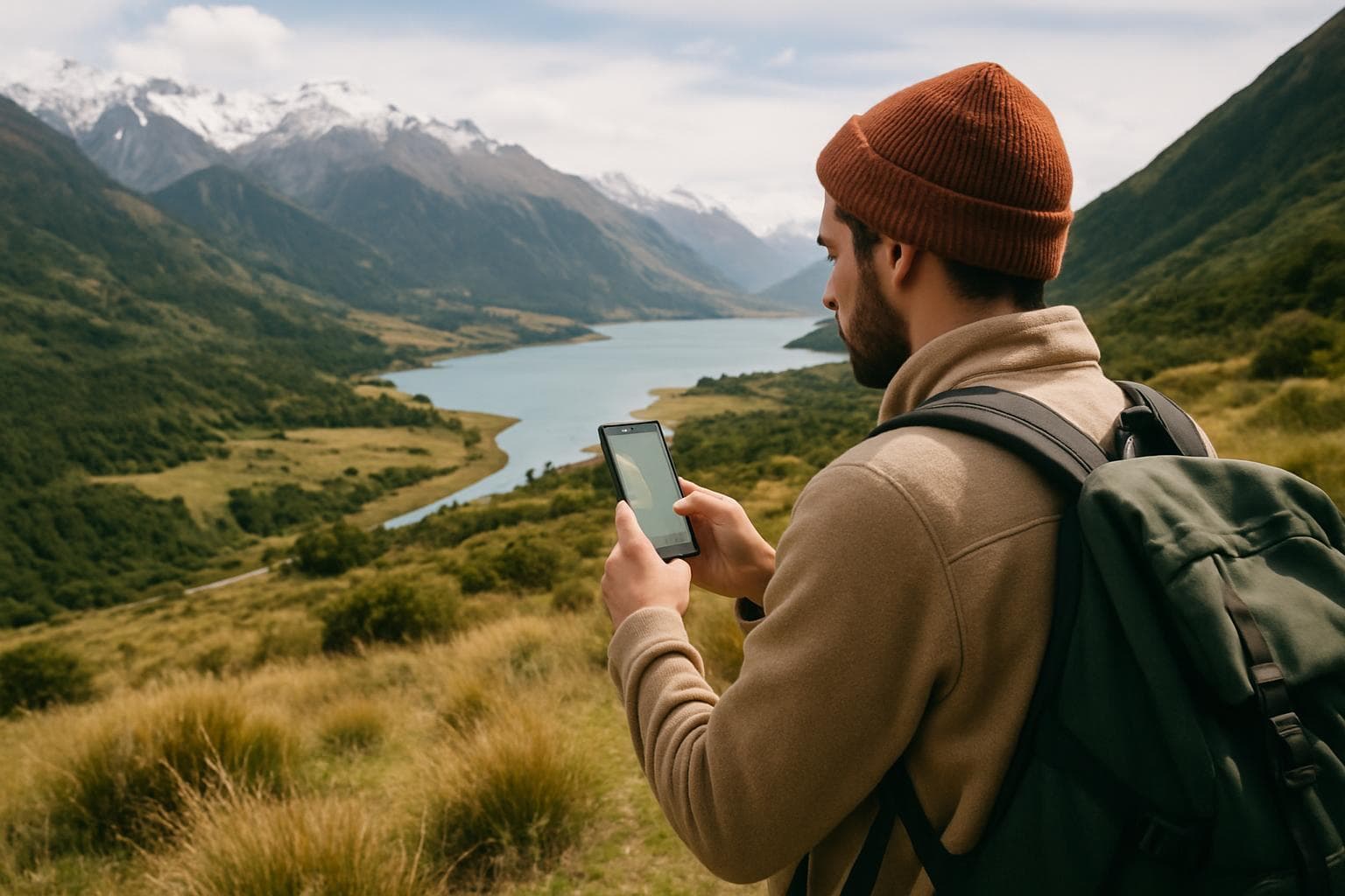 Scenic view of New Zealand landscape with a traveler using a smartphone for navigation