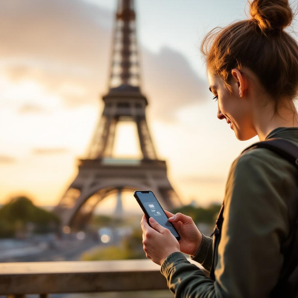 Solo traveler scanning eSIM QR code on phone at golden hour in front of Eiffel Tower, warm tones, candid moment, shallow depth of field