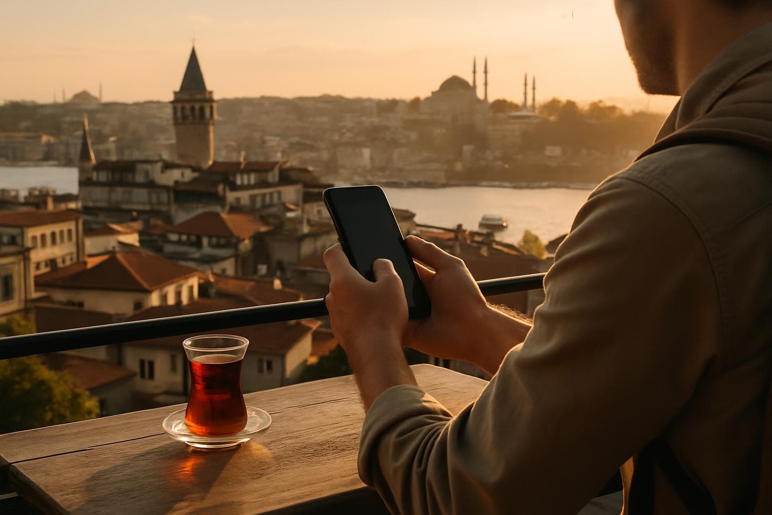 Photorealistic travel photo of a traveler holding a smartphone at a rooftop cafe overlooking the Istanbul skyline and Bosphorus at golden hour, with a Turkish tea glass on the table