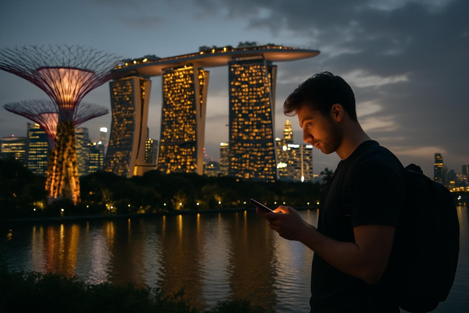 Photorealistic evening shot of the Singapore skyline with Marina Bay and the Supertree Grove, a traveler in the foreground checking a phone, warm city lights, no logos or brand names