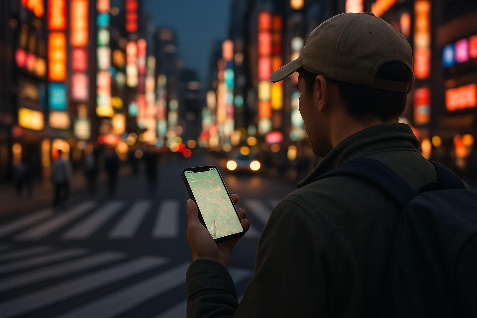 Photorealistic photo of a traveler holding a smartphone with a map open on a Tokyo street at dusk, neon signs and a crosswalk in the background, no logos or brand names