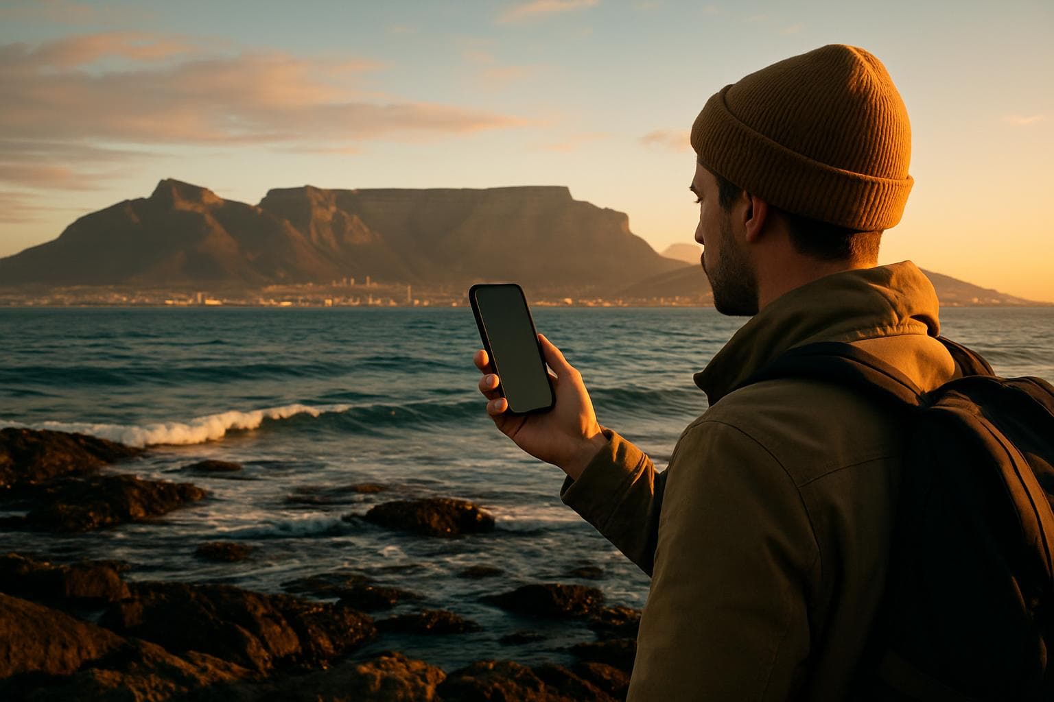 Photorealistic photo of a traveler holding a smartphone with Table Mountain and Cape Town coastline in the background at golden hour