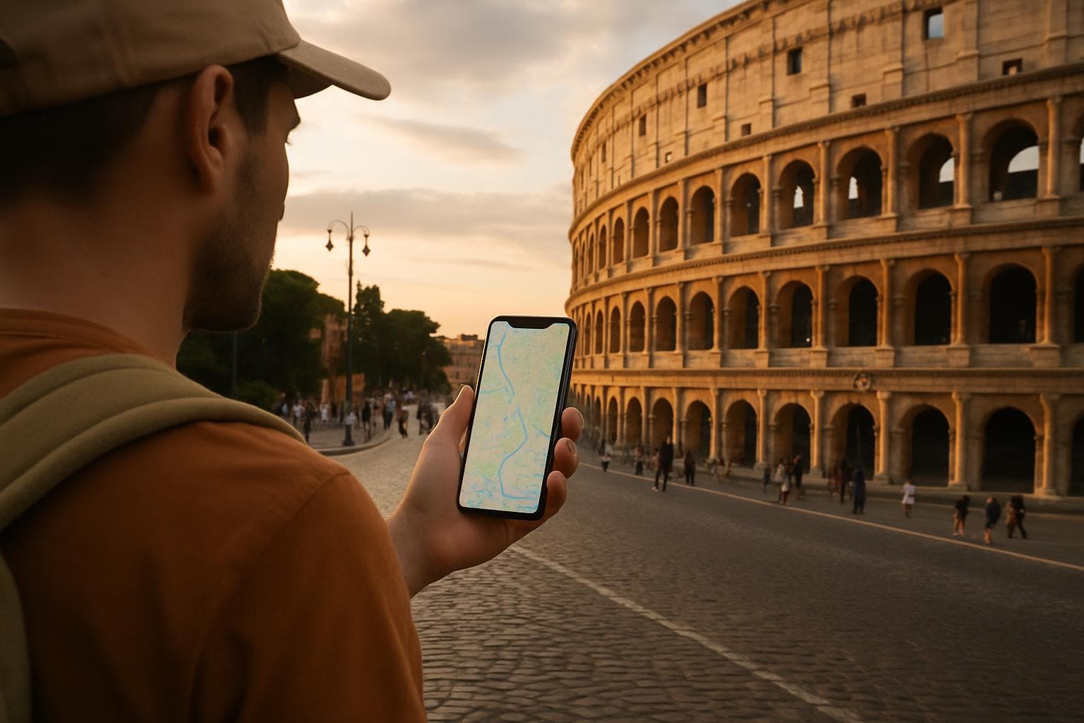 Photorealistic photo of a traveler holding a smartphone with a maps app open on a cobblestone street in Rome, the Colosseum visible in warm afternoon light, no logos or brand names