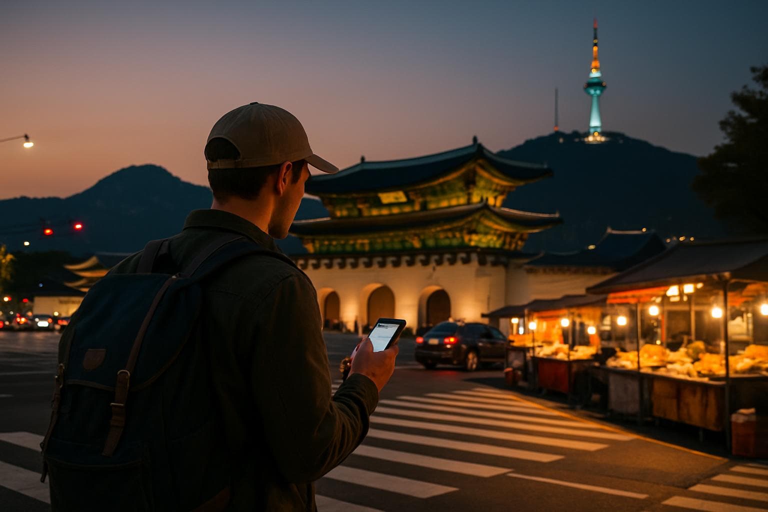 Photorealistic shot of a traveler holding a smartphone at a Seoul crosswalk at dusk, Gyeongbokgung palace rooftops and N Seoul Tower glowing in the background, street food stalls nearby