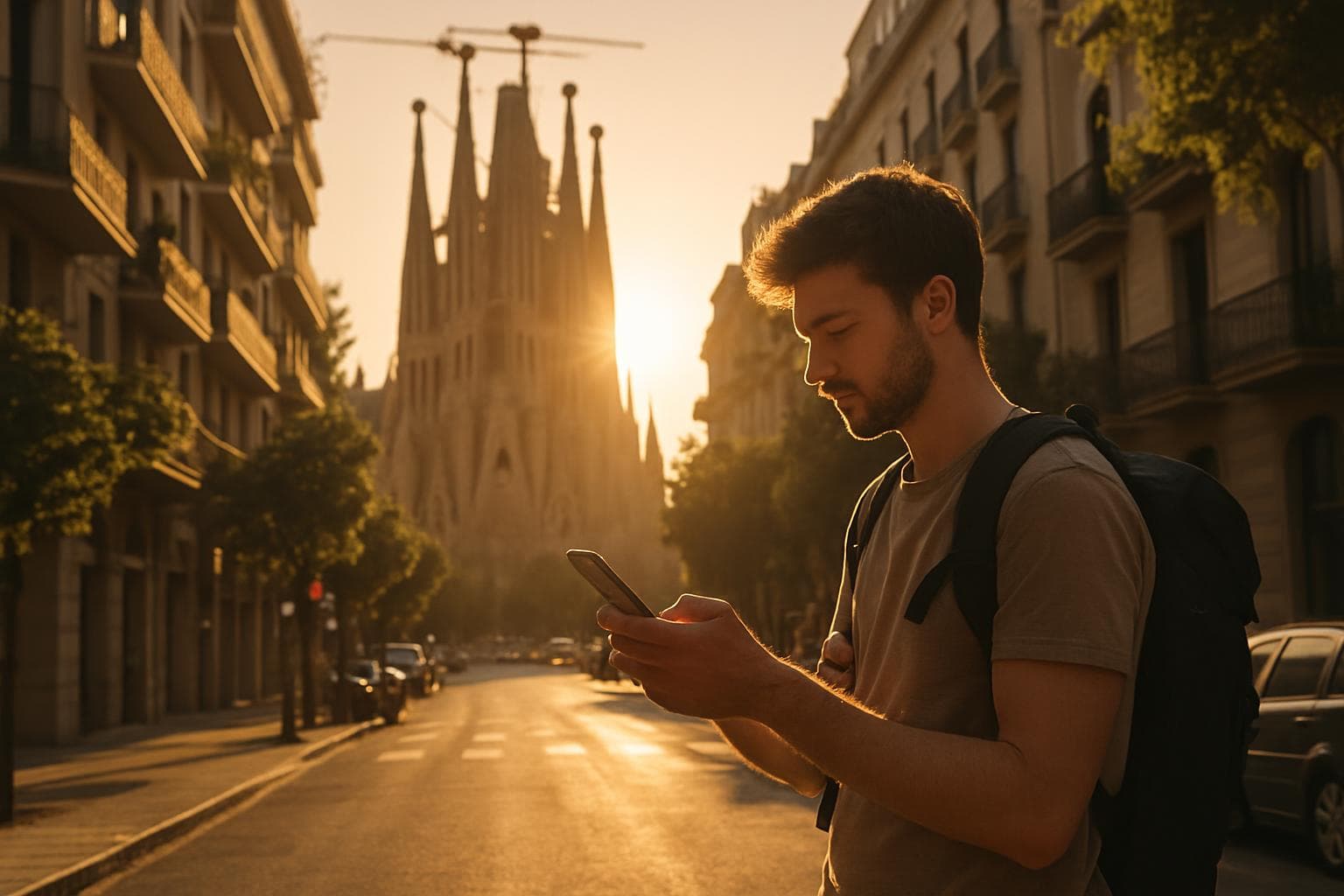 A traveler checking a smartphone on a sunny Barcelona street with Sagrada Familia silhouetted in the warm evening light
