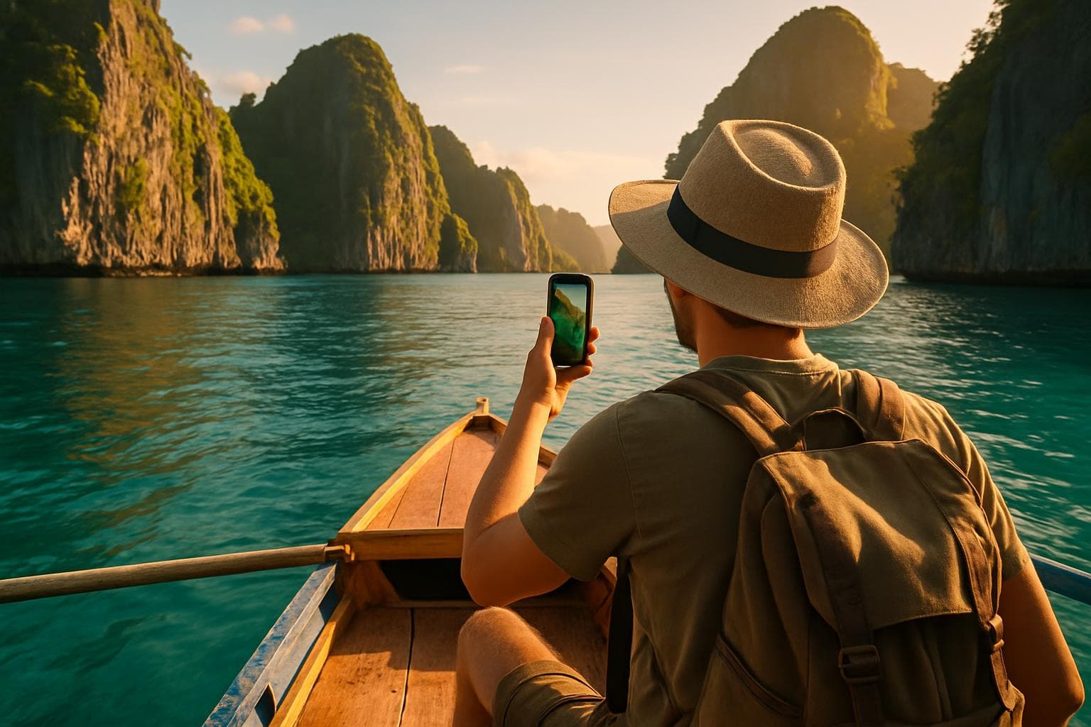A traveler holding a smartphone on a wooden boat approaching limestone karst islands and turquoise water in El Nido, Palawan, Philippines, golden afternoon light, photorealistic