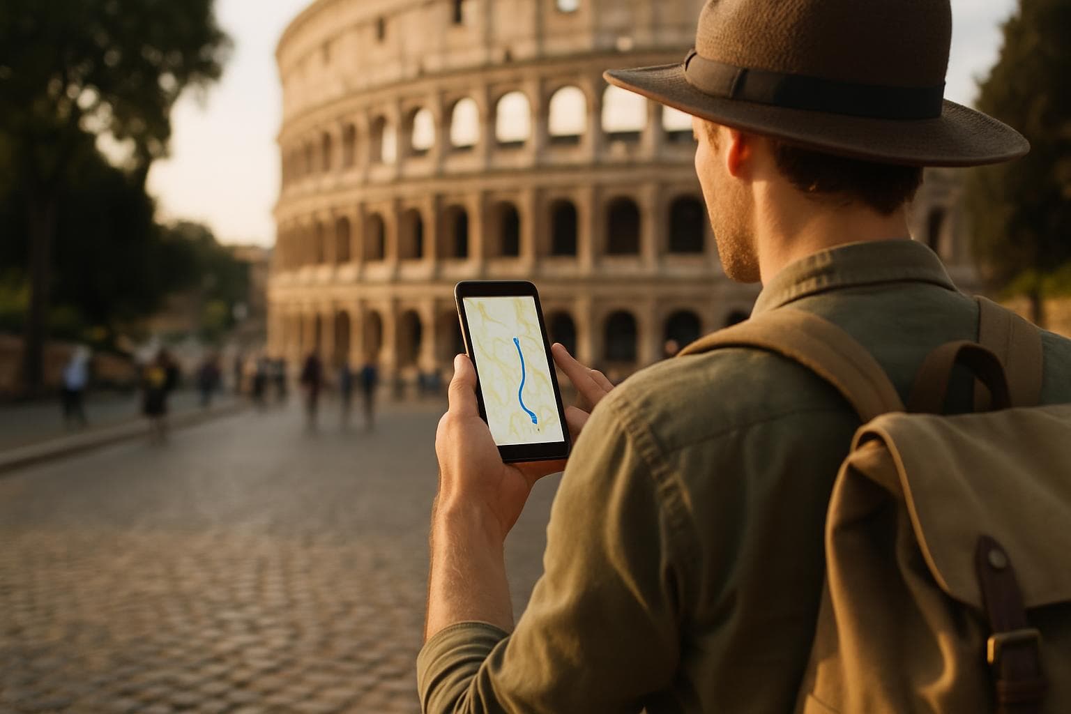 Photorealistic photo of a traveler holding a smartphone with a maps app open on a cobblestone street in Rome, the Colosseum softly blurred in warm afternoon light