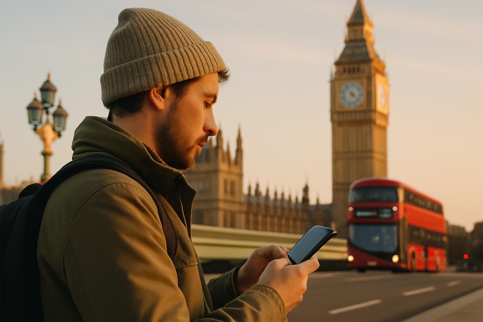 Photorealistic photo of a traveler holding a smartphone near Westminster Bridge in London at golden hour, with Big Ben and a red double-decker bus in the soft-focus background
