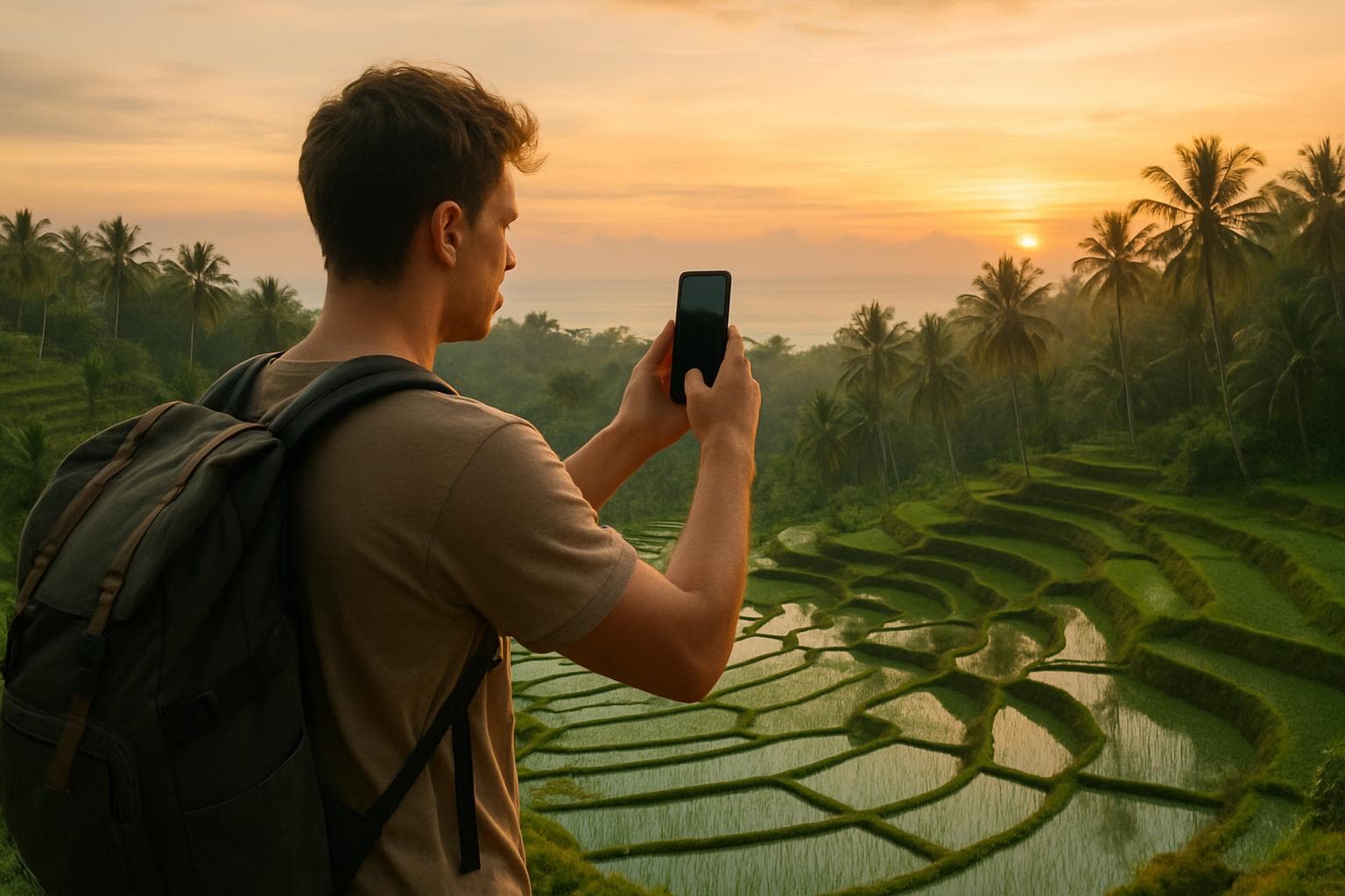 Traveler holding a smartphone at a Bali rice terrace viewpoint at sunrise, turquoise water and palm trees in the background, photorealistic