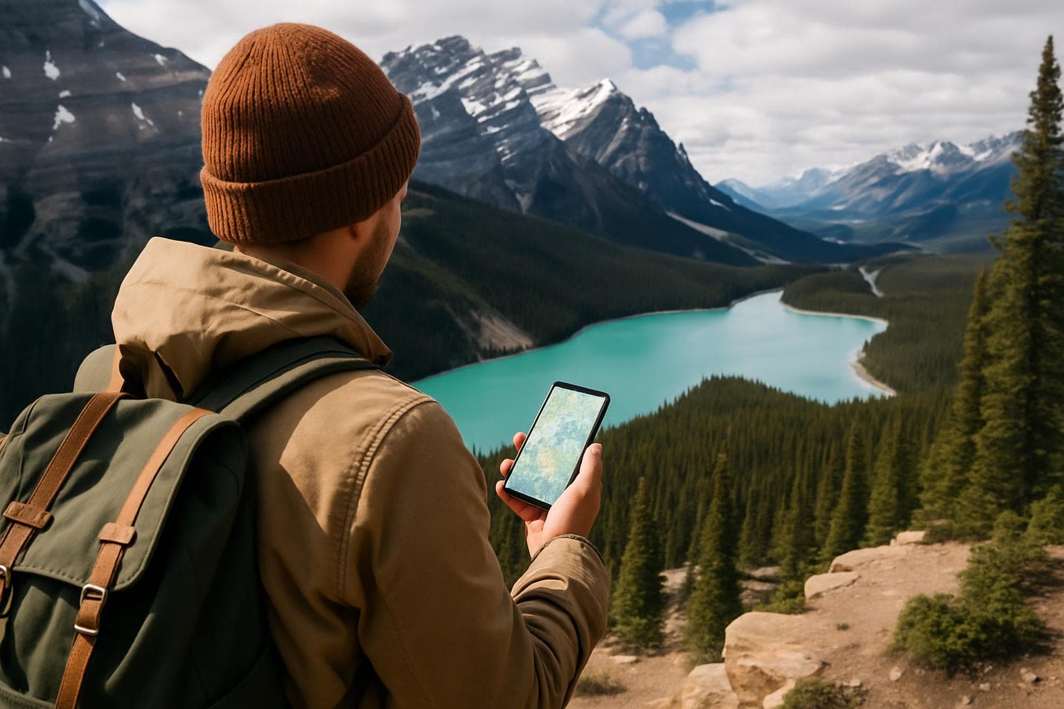 A traveler holding a smartphone with a map open while standing on a viewpoint overlooking a turquoise Canadian Rockies lake surrounded by pine forest and snow-capped peaks