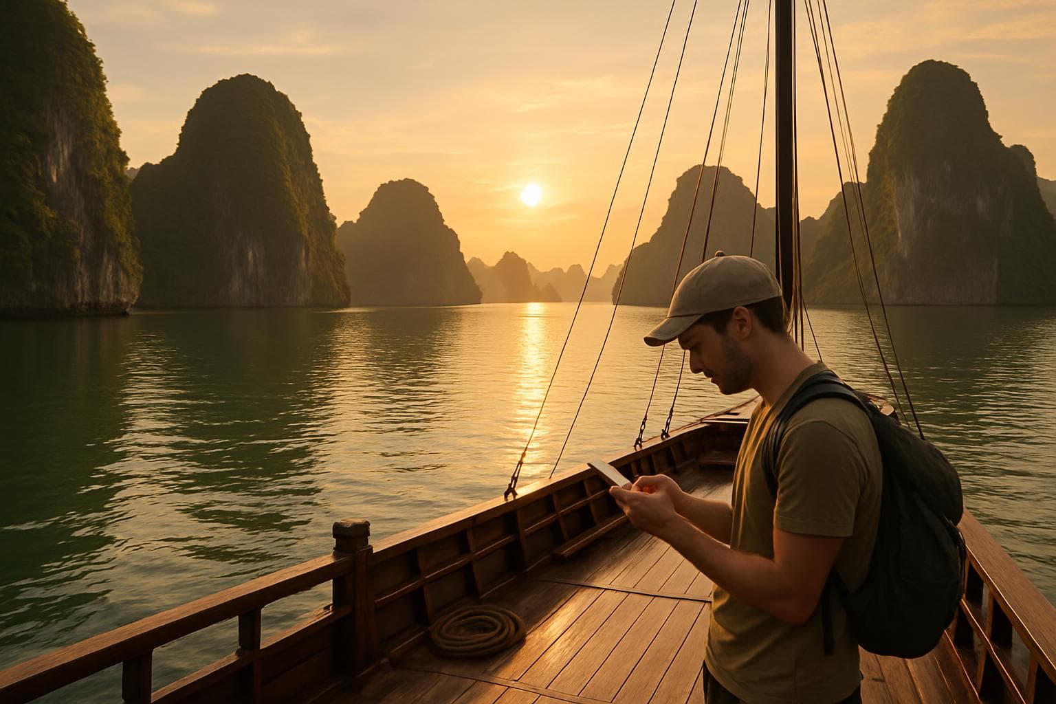 Photorealistic view of Ha Long Bay in Viet Nam at golden hour, limestone karsts rising from calm water with a wooden boat and a traveler checking a phone on deck