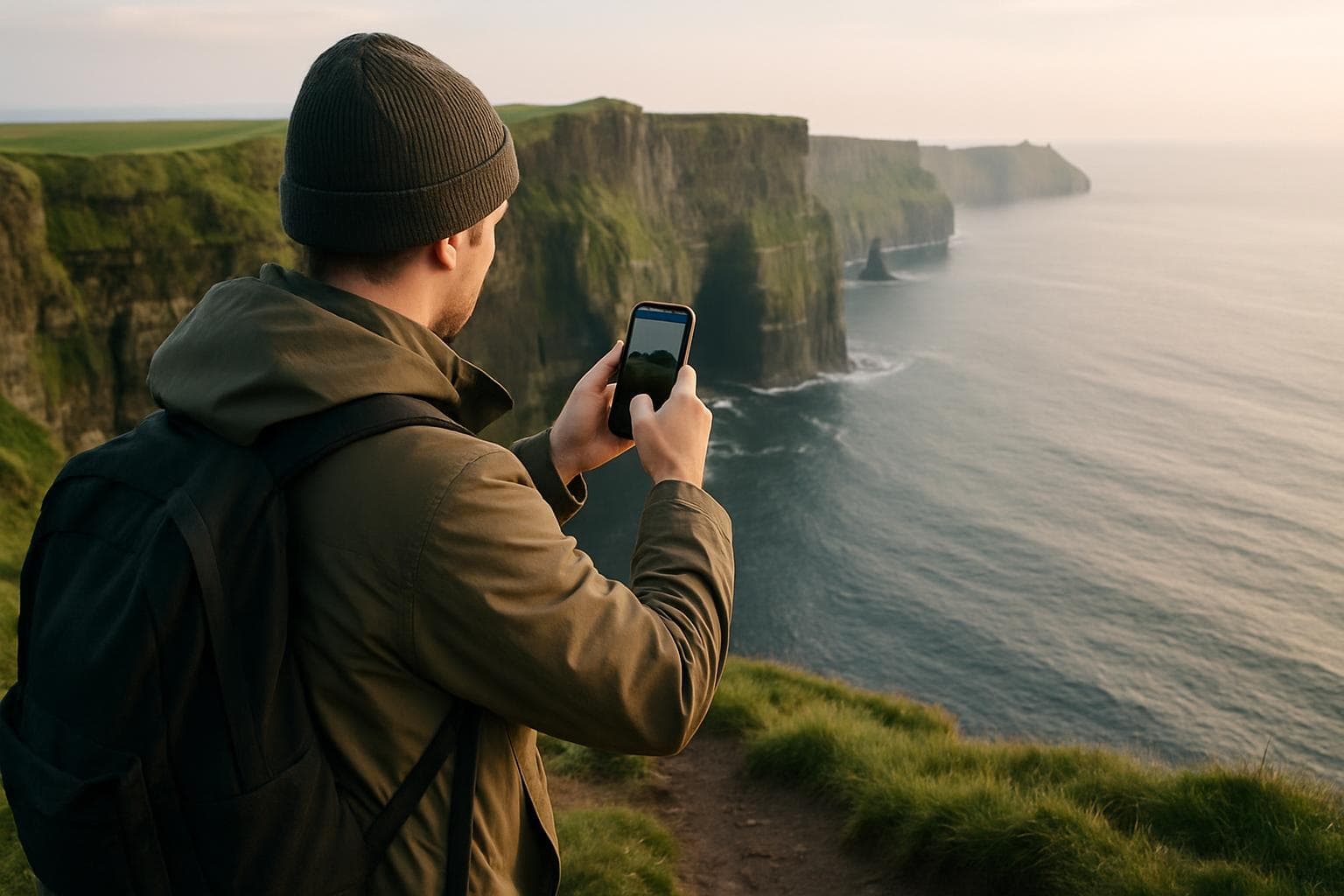 Photorealistic photo of a traveler holding a smartphone on the Cliffs of Moher in Ireland, green cliffs and Atlantic Ocean in soft morning light