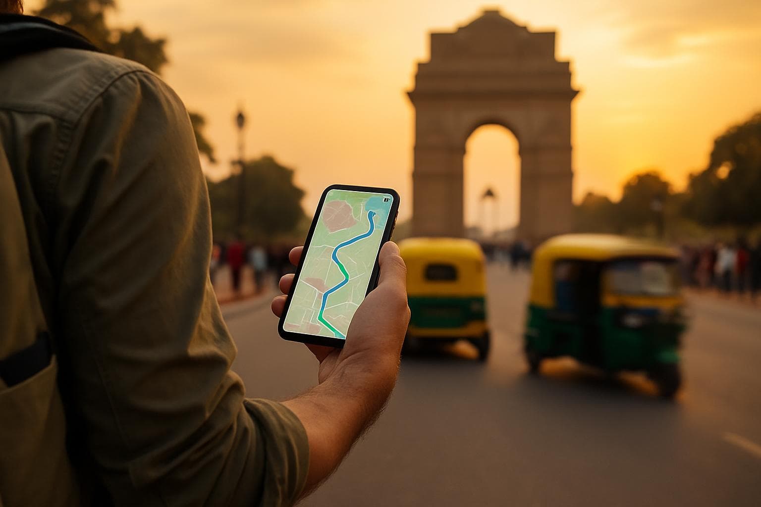 Photorealistic photo of a traveler holding a smartphone showing a map app while standing at a busy India Gate viewpoint in New Delhi at golden hour, auto-rickshaws blurred in the background