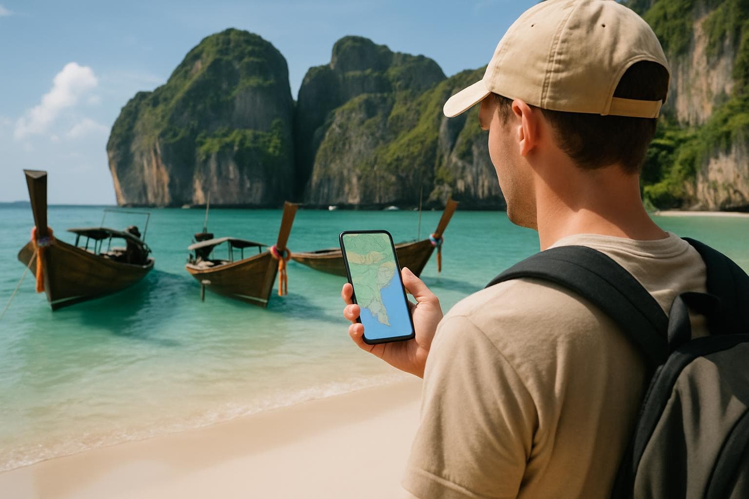 Photorealistic photo of a traveler holding a smartphone with a map open, standing near longtail boats on a turquoise Thailand beach with limestone cliffs in the background