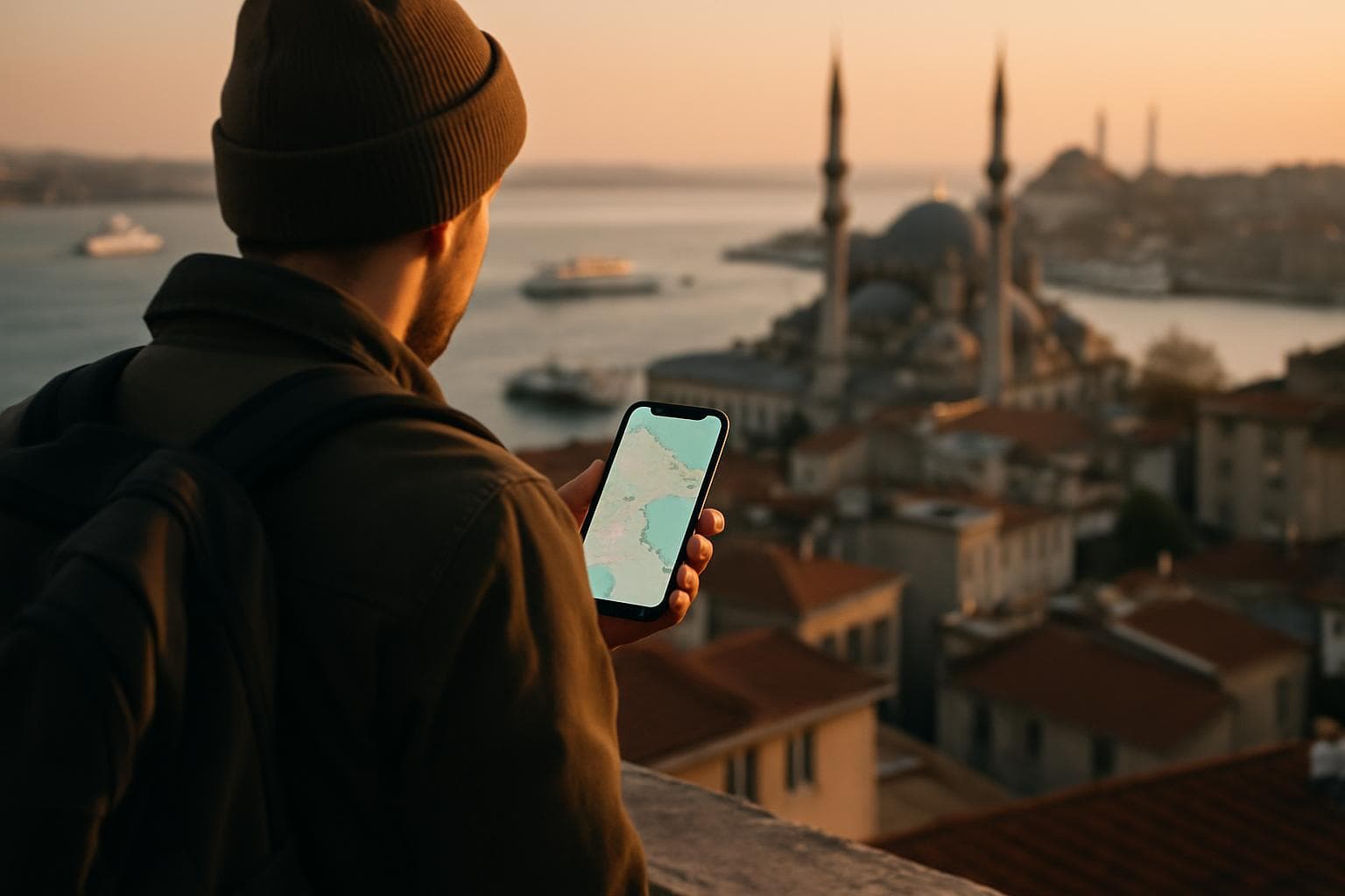 Photorealistic photo of a traveler holding a smartphone showing a map while standing on an Istanbul rooftop at golden hour, with the Bosphorus, ferries and minarets in soft-focus background, warm natural light, no logos or brand names