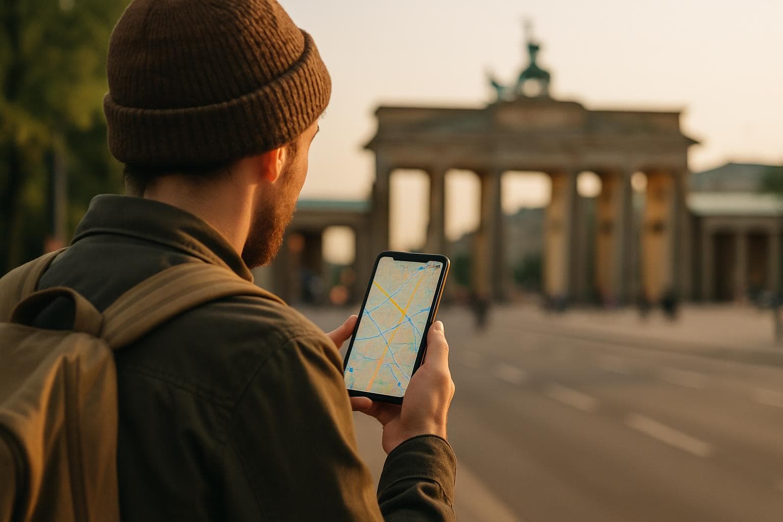 Photorealistic shot of a traveler holding a smartphone with a map open, standing on a Berlin street with the Brandenburg Gate in soft-focus background, warm afternoon light, no logos or brand names