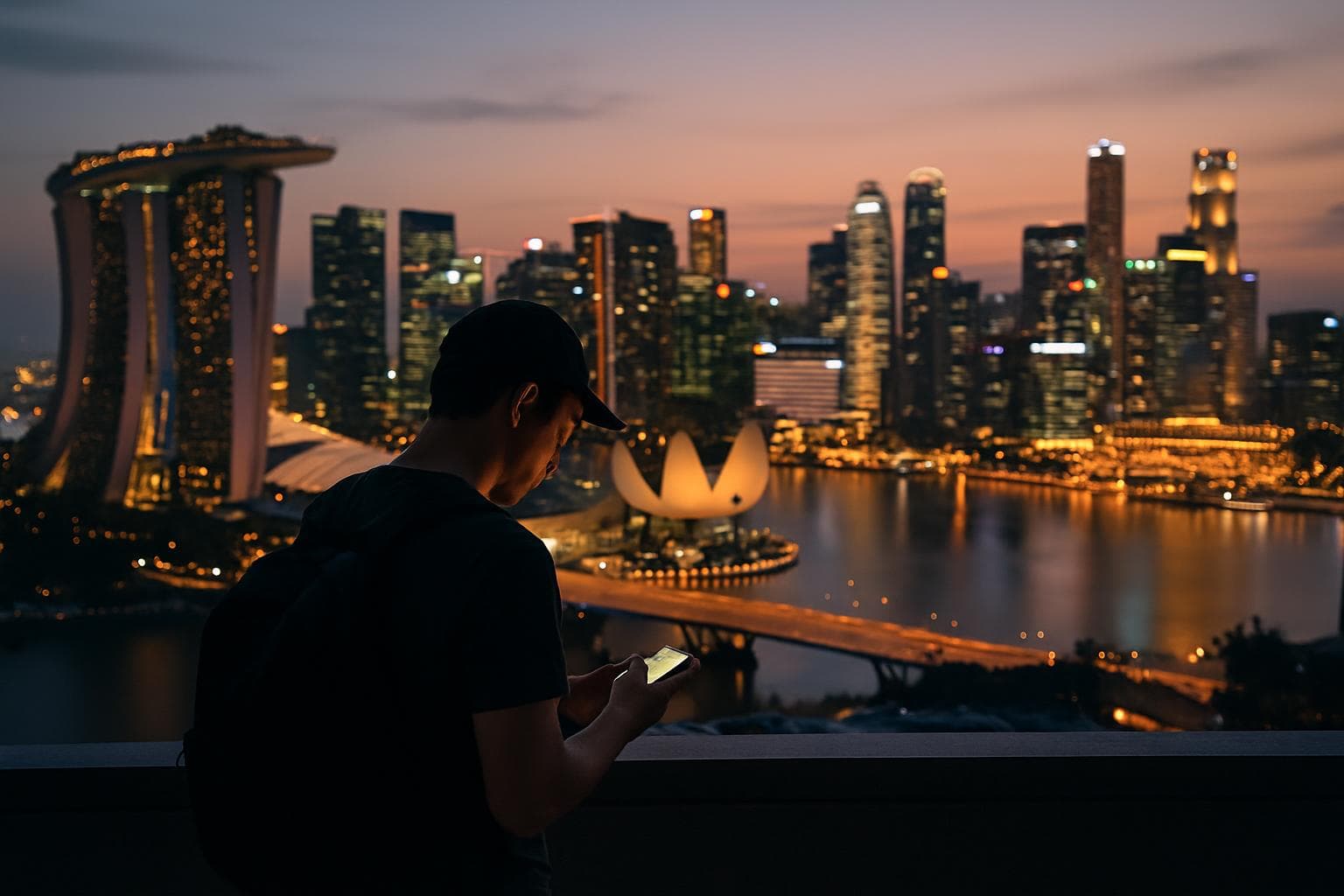 Photorealistic view of Singapore's Marina Bay skyline at dusk from a rooftop, a traveler in the foreground checking their phone, warm city lights reflecting on the water