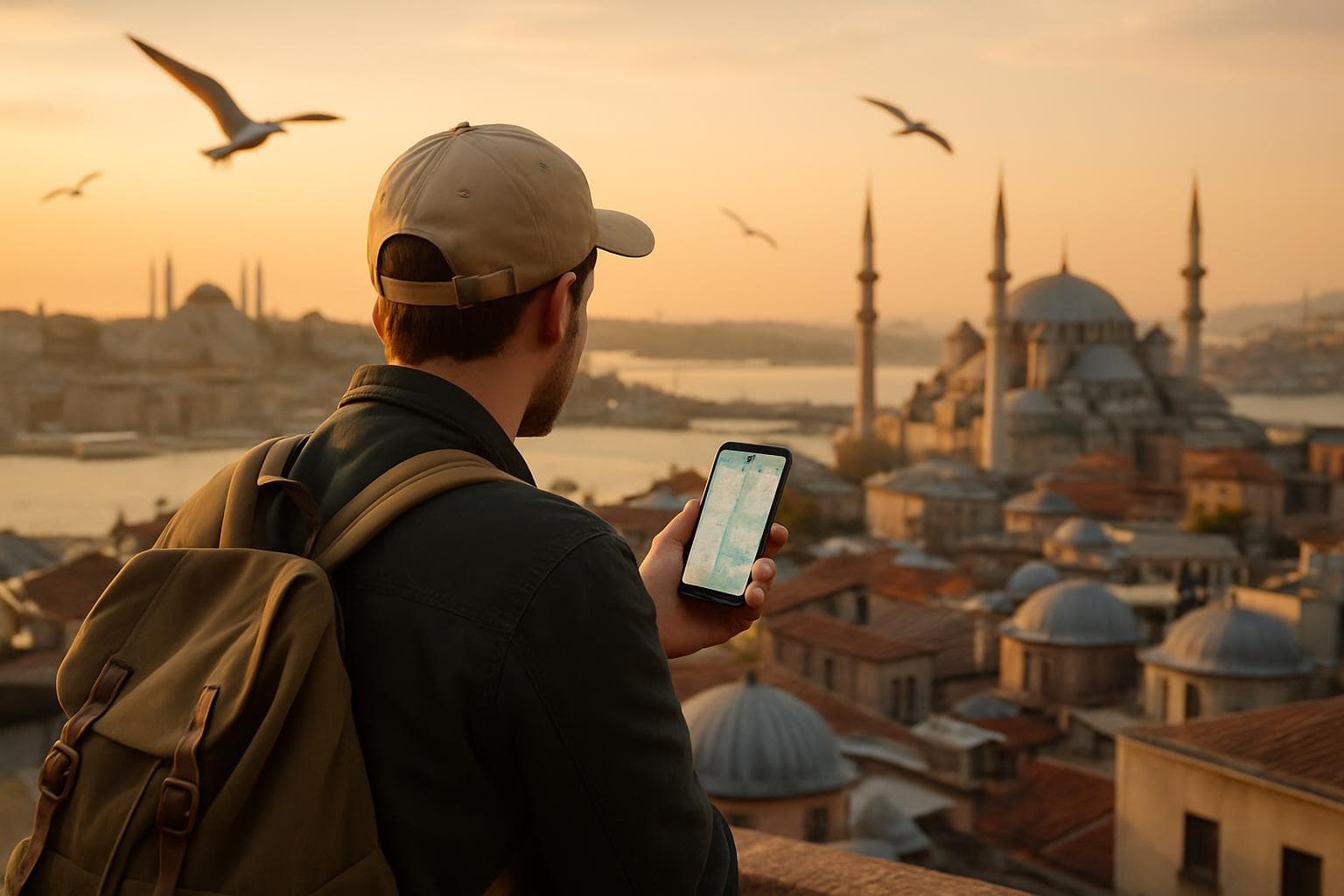 A traveler holding a smartphone with a map app open, standing on an Istanbul rooftop at golden hour with the Bosphorus, mosques, and seagulls in the background